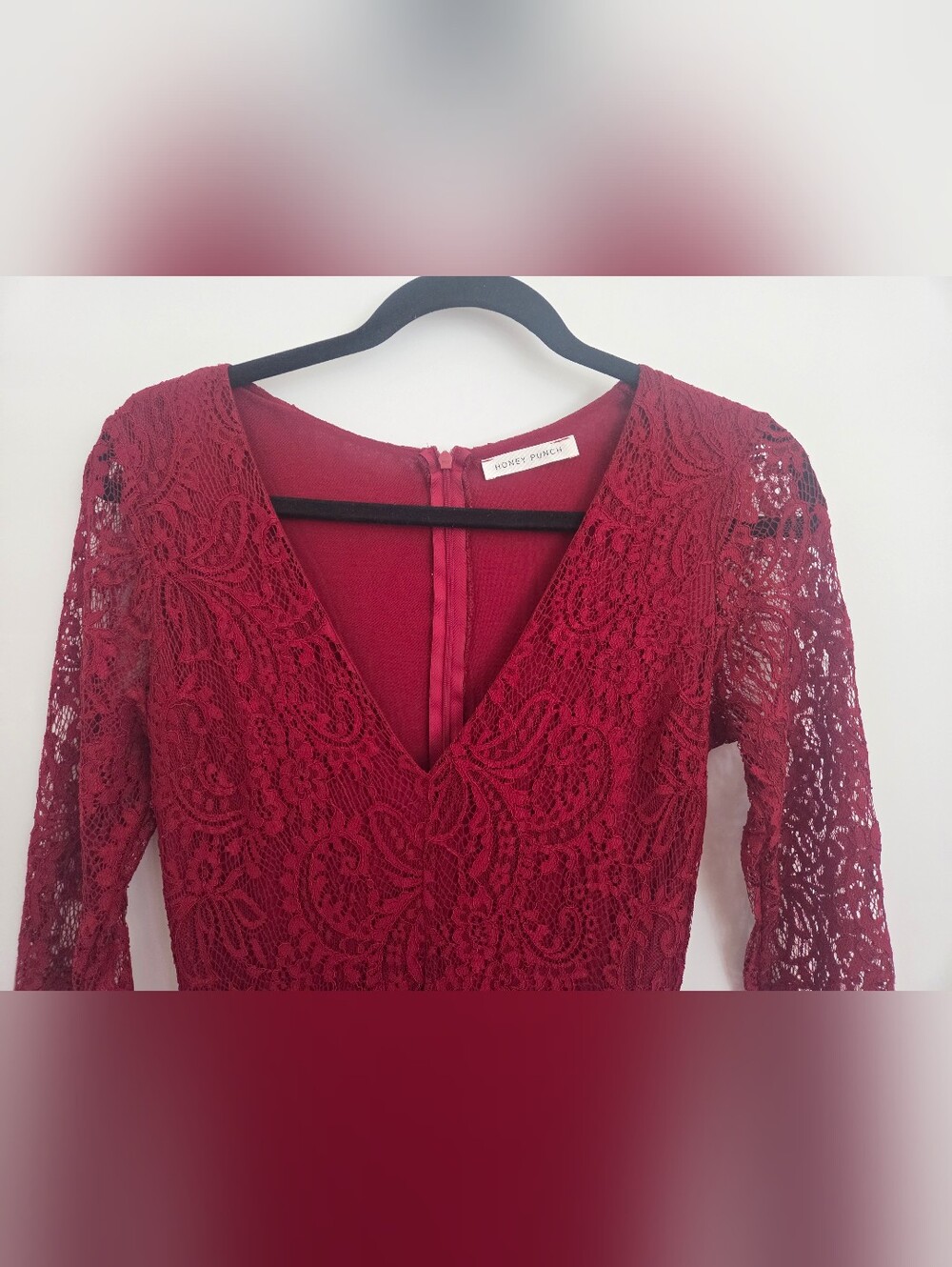 Honey Punch Burgundy/Red Lace High-Low Long Sleeve Dress - Picture 2 of 8